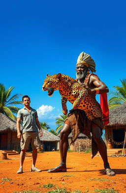 A dramatic scene depicting an African chief in traditional attire, radiating authority and strength, standing firmly in an African village