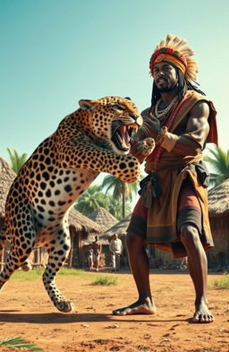 A dramatic scene depicting an African chief in traditional attire, radiating authority and strength, standing firmly in an African village