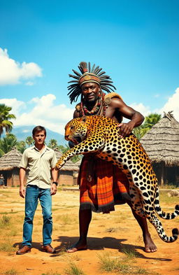 A dramatic scene depicting an African chief in traditional attire, radiating authority and strength, standing firmly in an African village