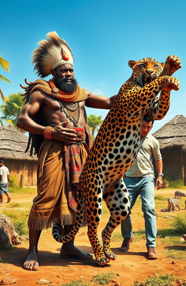 A dramatic scene depicting an African chief in traditional attire, radiating authority and strength, standing firmly in an African village