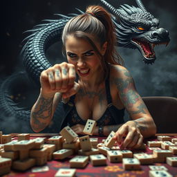 A dynamic and intense scene featuring a tattooed girl with an angry expression as she plays mahjong