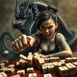 A dynamic and intense scene featuring a tattooed girl with an angry expression as she plays mahjong
