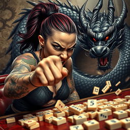 A dynamic and intense scene featuring a tattooed girl with an angry expression as she plays mahjong