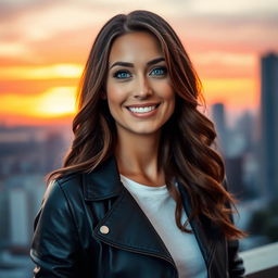 A stylish and modern profile picture featuring a confident adult woman with long, wavy brown hair and striking blue eyes
