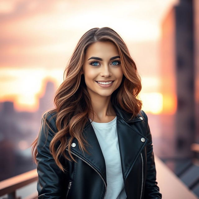 A stylish and modern profile picture featuring a confident adult woman with long, wavy brown hair and striking blue eyes