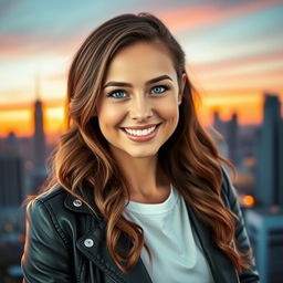 A stylish and modern profile picture featuring a confident adult woman with long, wavy brown hair and striking blue eyes
