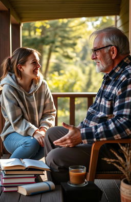 A heartwarming, casual scene between a 16-year-old girl and her wise grandfather, sitting on a cozy porch surrounded by nature