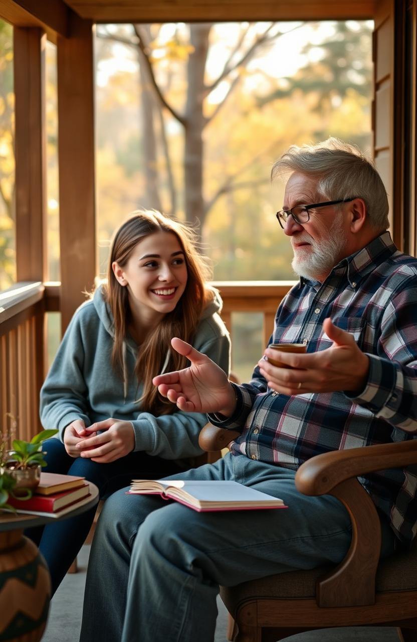 A heartwarming, casual scene between a 16-year-old girl and her wise grandfather, sitting on a cozy porch surrounded by nature