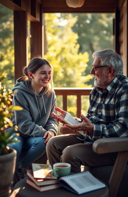 A heartwarming, casual scene between a 16-year-old girl and her wise grandfather, sitting on a cozy porch surrounded by nature