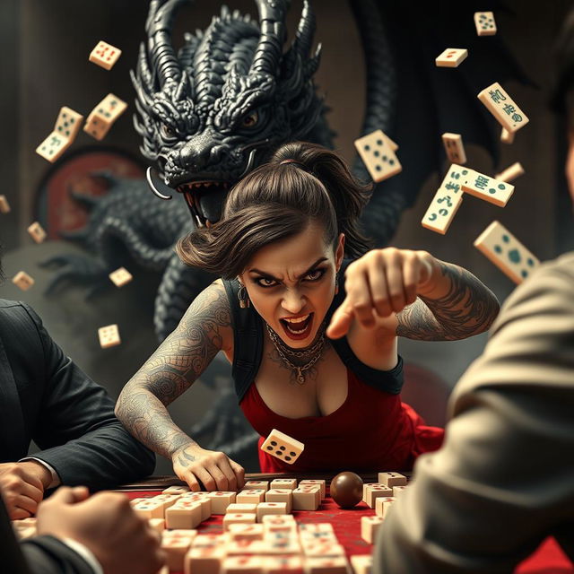 An intense and action-packed scene featuring a tattooed girl with an angry expression as she plays mahjong