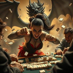 An intense and action-packed scene featuring a tattooed girl with an angry expression as she plays mahjong