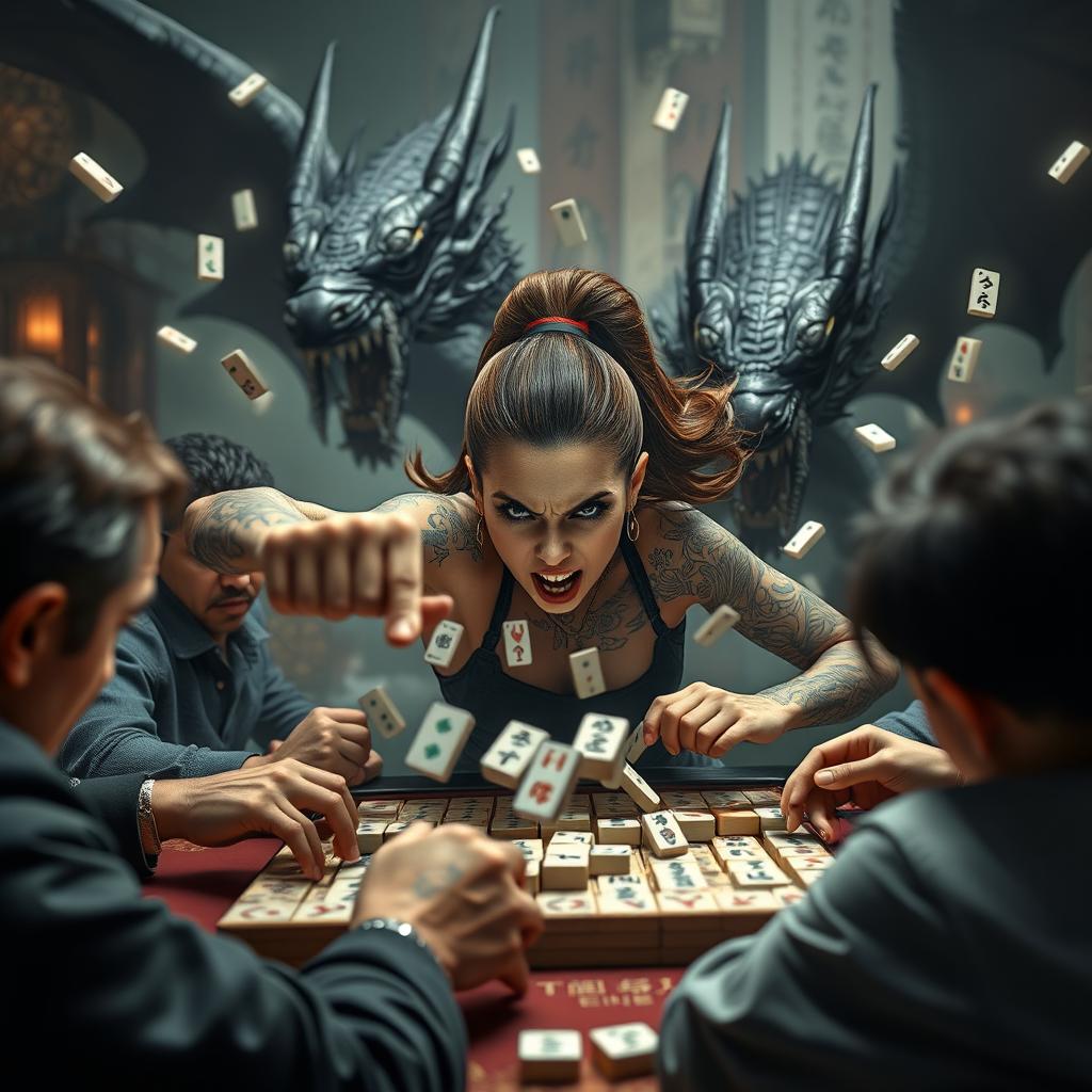 An intense and action-packed scene featuring a tattooed girl with an angry expression as she plays mahjong