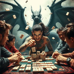 An intense and action-packed scene featuring a tattooed girl with an angry expression as she plays mahjong