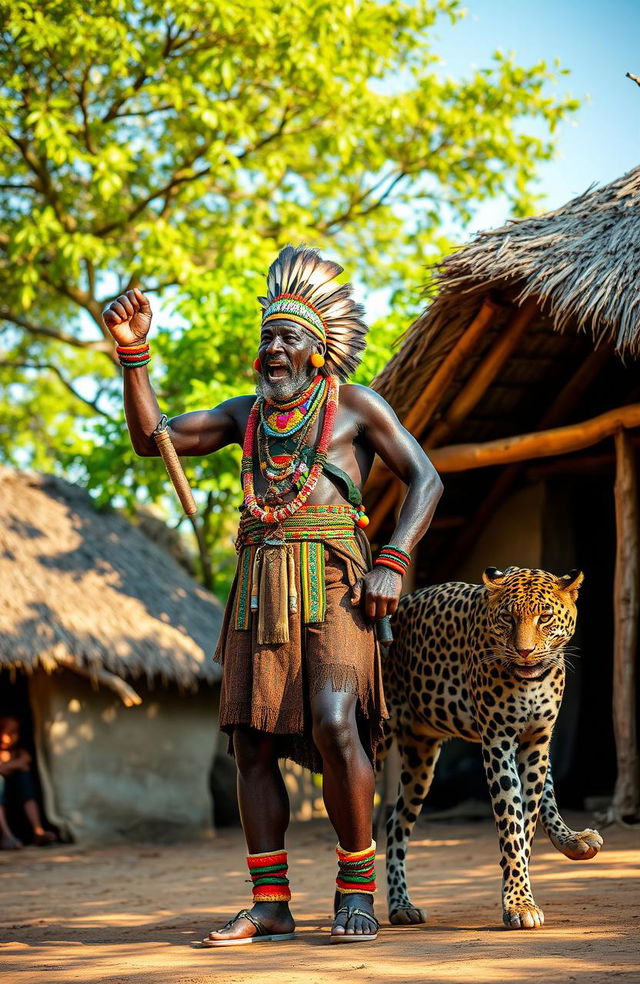 An African chief standing proudly in a traditional village setting, surrounded by huts made of mud and thatch