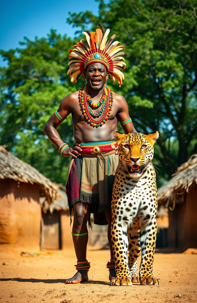 An African chief standing proudly in a traditional village setting, surrounded by huts made of mud and thatch