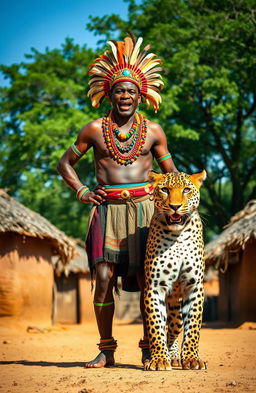 An African chief standing proudly in a traditional village setting, surrounded by huts made of mud and thatch