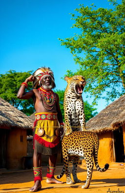 An African chief standing proudly in a traditional village setting, surrounded by huts made of mud and thatch