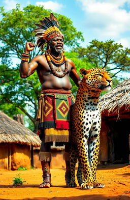 An African chief standing proudly in a traditional village setting, surrounded by huts made of mud and thatch