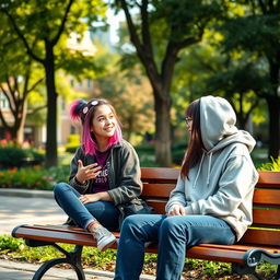 A casual and engaging scene featuring a 16-year-old girl sitting on a park bench with her friend, both animatedly discussing topics like academic marks, the importance of mindfulness in daily life, and how money impacts their future