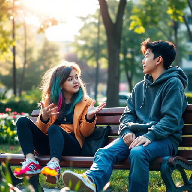 A casual and engaging scene featuring a 16-year-old girl sitting on a park bench with her friend, both animatedly discussing topics like academic marks, the importance of mindfulness in daily life, and how money impacts their future