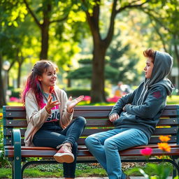 A casual and engaging scene featuring a 16-year-old girl sitting on a park bench with her friend, both animatedly discussing topics like academic marks, the importance of mindfulness in daily life, and how money impacts their future