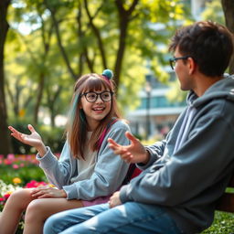 A casual and engaging scene featuring a 16-year-old girl sitting on a park bench with her friend, both animatedly discussing topics like academic marks, the importance of mindfulness in daily life, and how money impacts their future