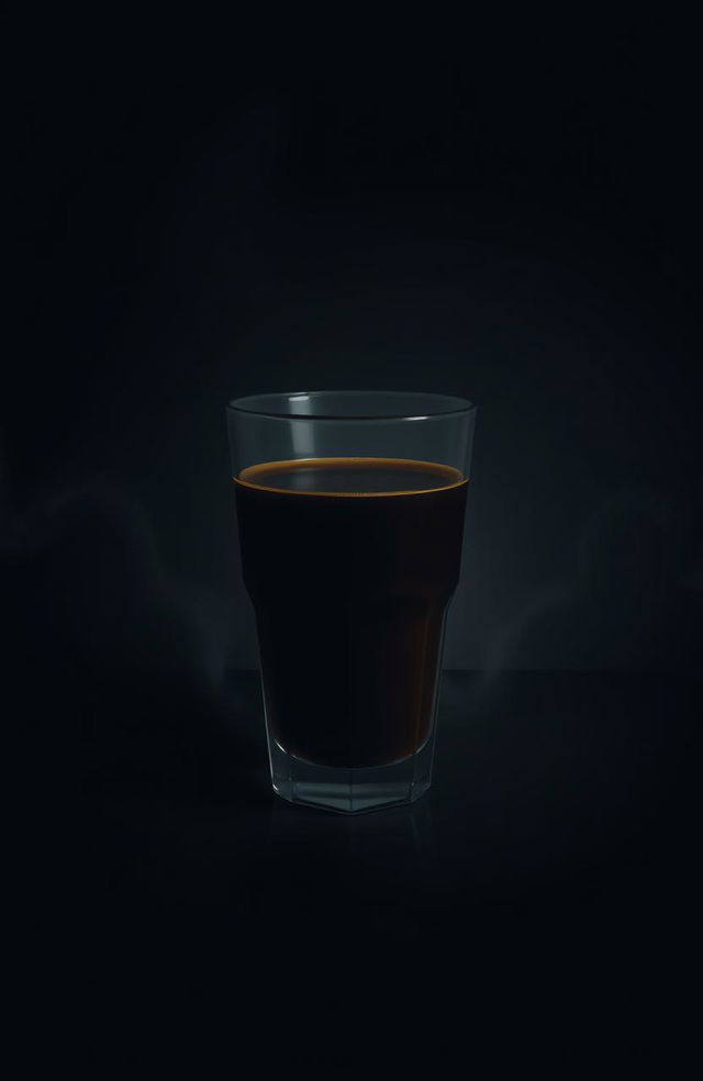 A minimalistic digital art piece featuring a glass of espresso coffee, with a dark, eerie atmosphere that conveys subtle horror vibes