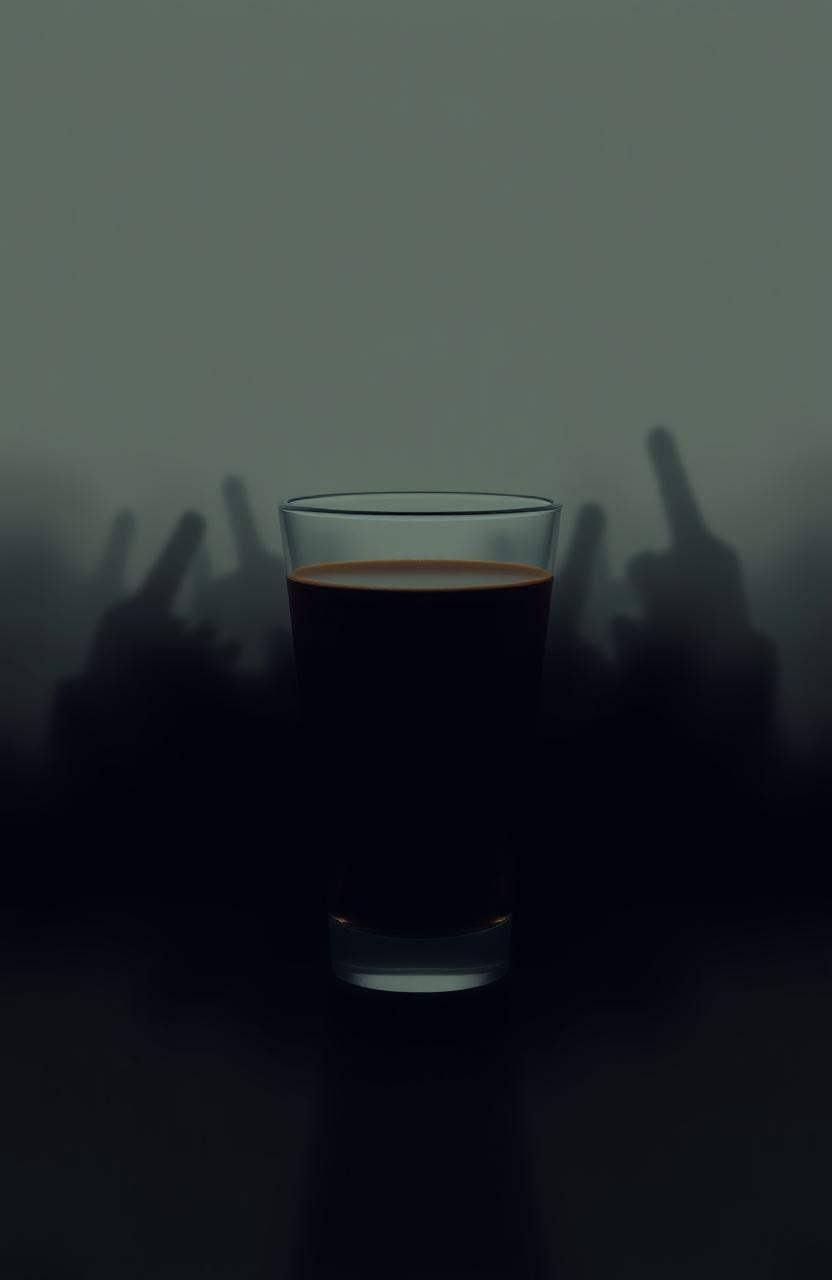 A minimalistic digital art piece featuring a glass of espresso coffee, with a dark, eerie atmosphere that conveys subtle horror vibes