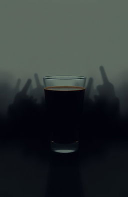 A minimalistic digital art piece featuring a glass of espresso coffee, with a dark, eerie atmosphere that conveys subtle horror vibes