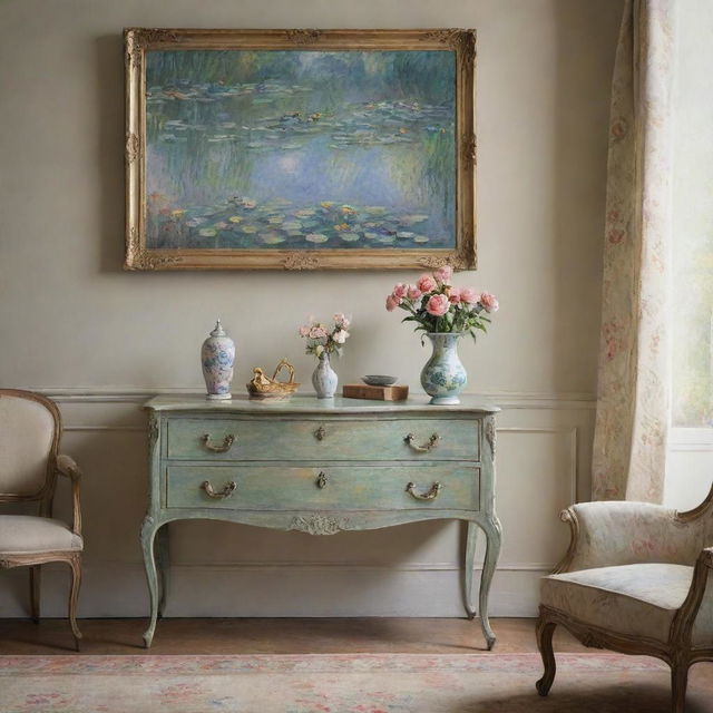 Depict a tranquil room featuring a prominent painting and a stylish drawer, captured in Claude Monet's impressionistic style. The vibrant strokes of the interior and the contrasting calmness of the painting and furniture craft a serene and artistic atmosphere.