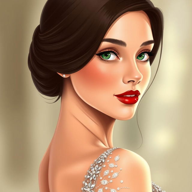 A realistic illustration of a woman turned to the side, showcasing her beautiful features in fine detail