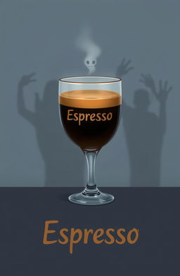 A digital 2D artwork showcasing a glass of espresso coffee, depicted in a minimalist style with horror vibes