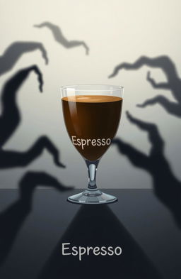 A digital 2D artwork showcasing a glass of espresso coffee, depicted in a minimalist style with horror vibes