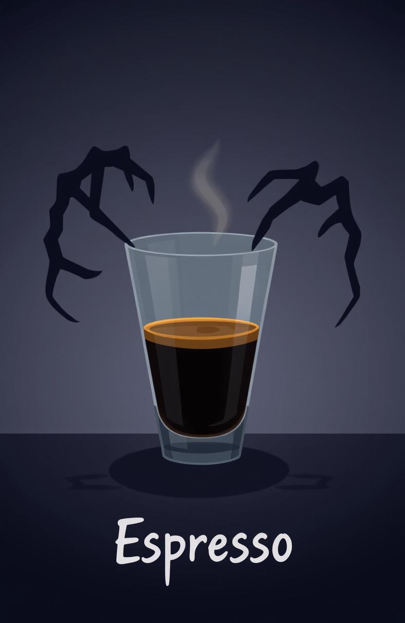 A digital 2D artwork showcasing a glass of espresso coffee, depicted in a minimalist style with horror vibes