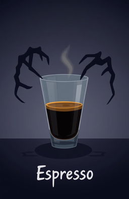 A digital 2D artwork showcasing a glass of espresso coffee, depicted in a minimalist style with horror vibes