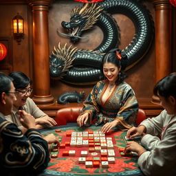 A stylish crossdresser elegantly playing mahjong at a vibrant table, adorned with colorful tiles, in a cozy room