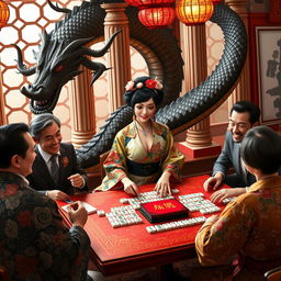 A stylish crossdresser elegantly playing mahjong at a vibrant table, adorned with colorful tiles, in a cozy room