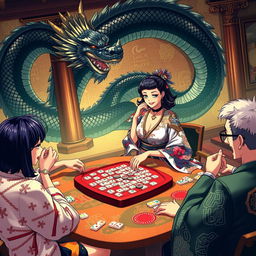 A stylish crossdresser elegantly playing mahjong at a vibrant table, adorned with colorful tiles, in a cozy room