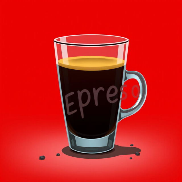 A digital 2D artwork featuring a glass of espresso coffee, designed in a minimalist and cartoonic style