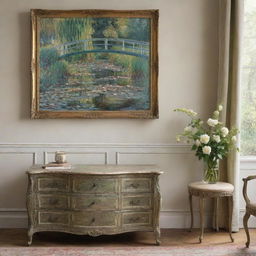 Depict a tranquil room featuring a prominent painting and a stylish drawer, captured in Claude Monet's impressionistic style. The vibrant strokes of the interior and the contrasting calmness of the painting and furniture craft a serene and artistic atmosphere.