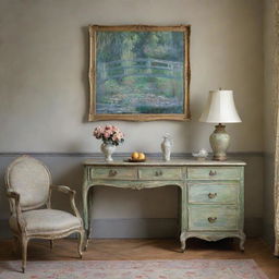 Depict a tranquil room featuring a prominent painting and a stylish drawer, captured in Claude Monet's impressionistic style. The vibrant strokes of the interior and the contrasting calmness of the painting and furniture craft a serene and artistic atmosphere.