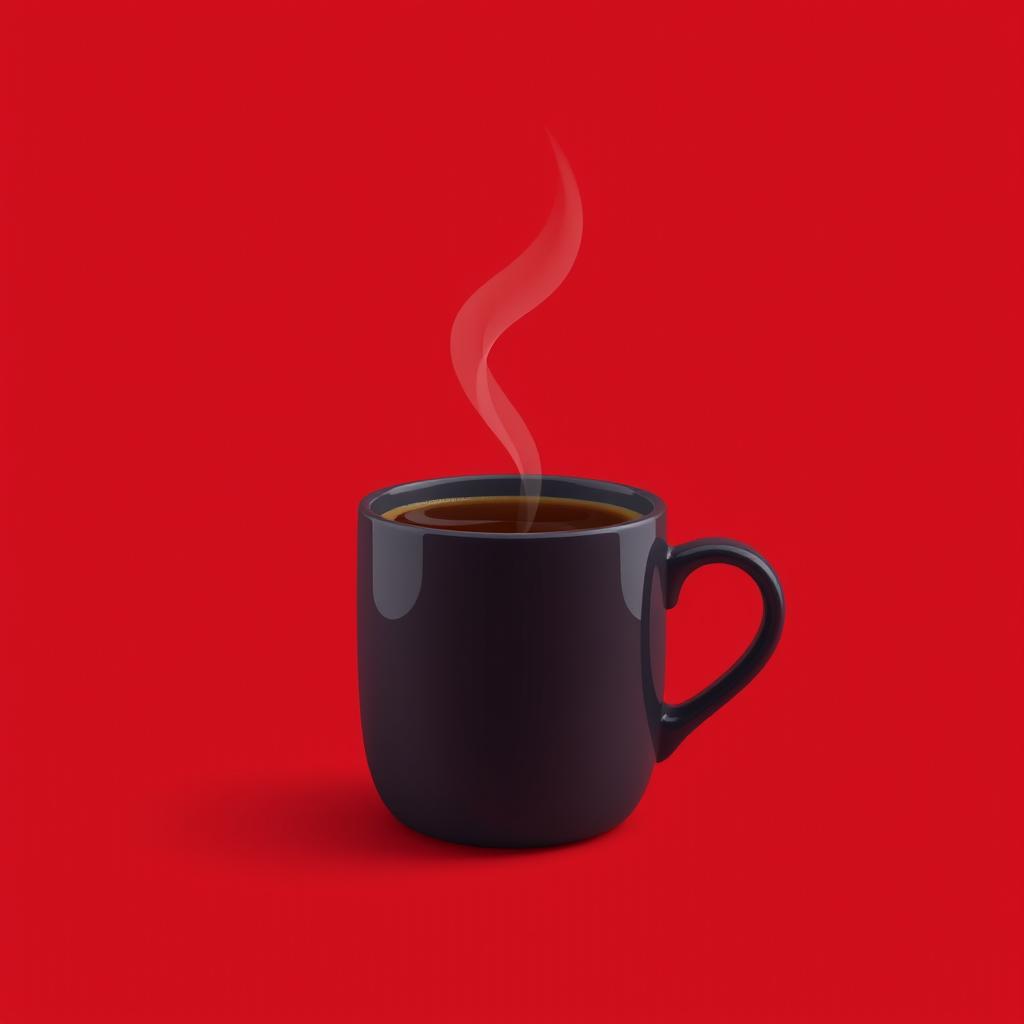 A single mug of coffee sitting against a vibrant red background, showcasing a minimalist and unrealistic 2D illustration style