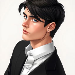 A realistic illustration of a young man in his twenties, turned to the side, highlighting his striking features in great detail