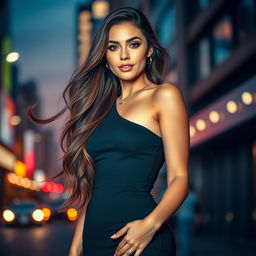 A stunningly beautiful woman with long flowing hair, wearing a stylish, form-fitting outfit that highlights her curves