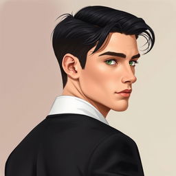 A realistic illustration of a young man in his twenties, turned to the side, capturing his striking features with precision