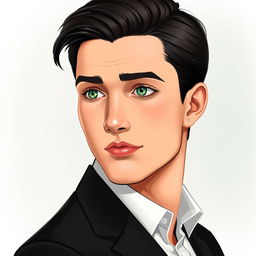 A realistic illustration of a young man in his twenties, turned to the side, capturing his striking features with precision
