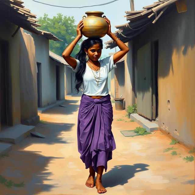 An oil painting depicting an Indian girl walking through the streets of her village, balancing a water pot on her head