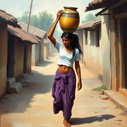 An oil painting depicting an Indian girl walking through the streets of her village, balancing a water pot on her head