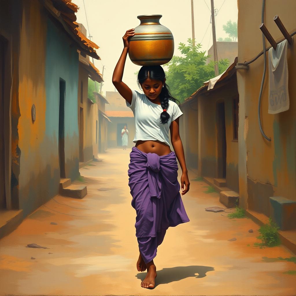 An oil painting depicting an Indian girl walking through the streets of her village, balancing a water pot on her head