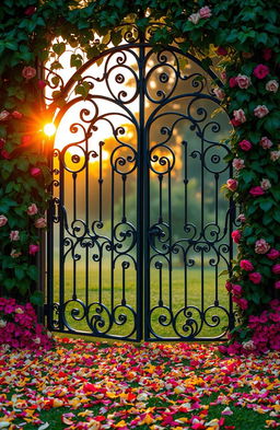 An enchanting scene of a gothic heart-shaped gate made of wrought iron, entwined with lush green vines and vibrant flowers